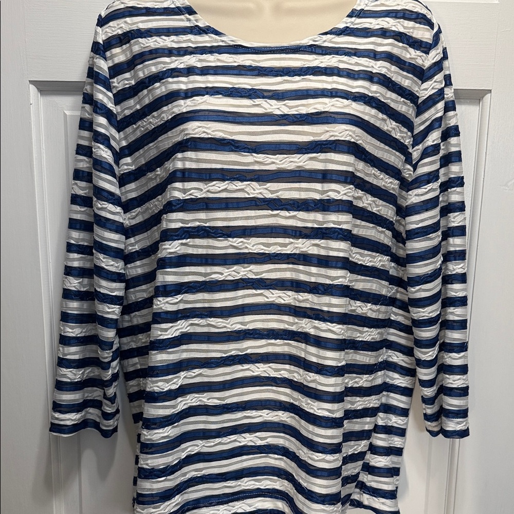 Cathy Daniel’s 3/4 sleeve sheer stripe time out French terry top